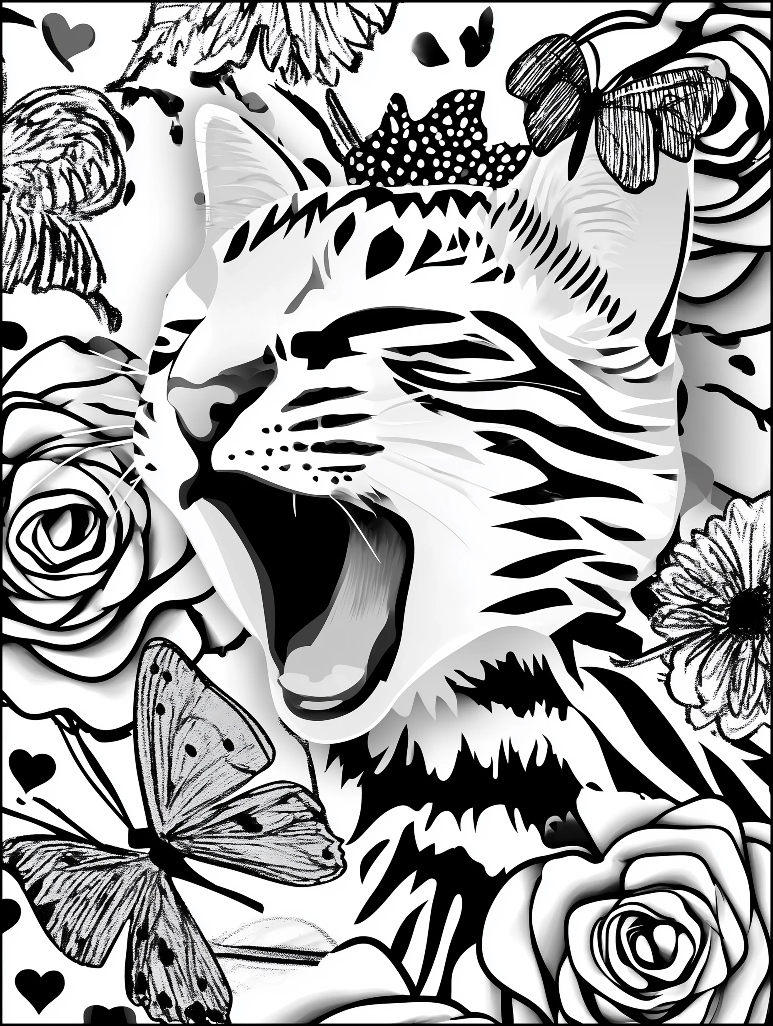 Free printable cats coloring page featuring a yawning cat